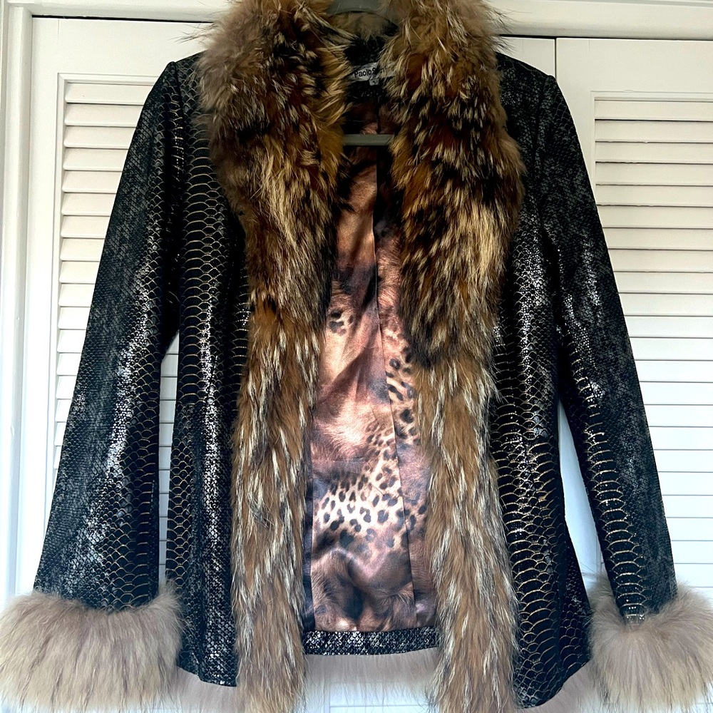 Paolo Santini Leather and Fur Trimmed belted jacket. Silk animal print lining.